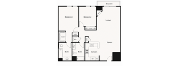 A black and white image of a floor plan for a home with a balcony, two bedrooms, a living room, a dining area, a kitchen, two bathrooms, a laundry area, a closet, a lin